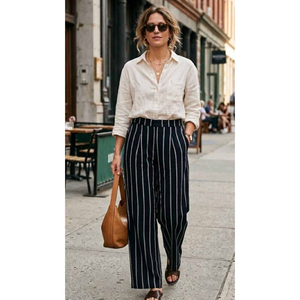 New Gap Linen Cotton Wide Leg Pleated High Waist Stripe Pants Women's Size 14